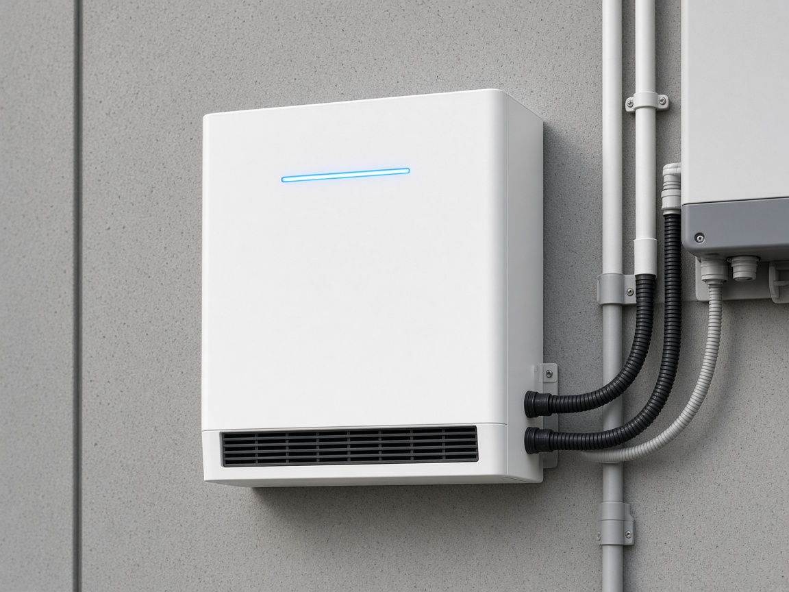 Domowy magazyn energii na ścianie pomieszczenia technicznego